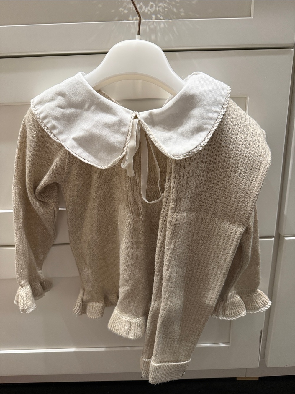 Miloves Cream Knit Sweater & Leggings with White Peter Pan Collar Tie